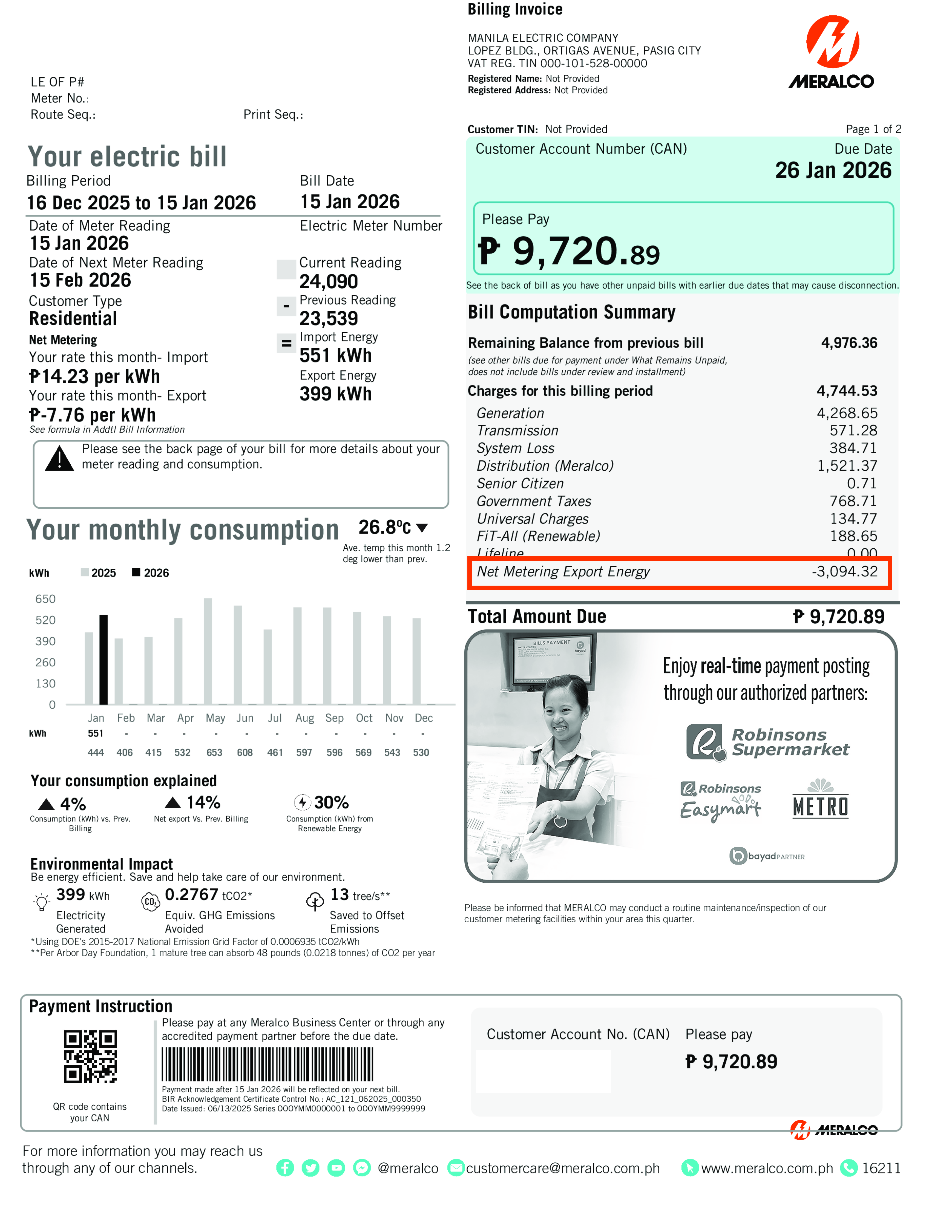 Front of sample Meralco bill